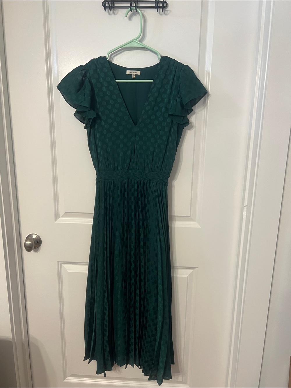 Max Studio Emerald Green Polka Dot V-Neck Midi Dress